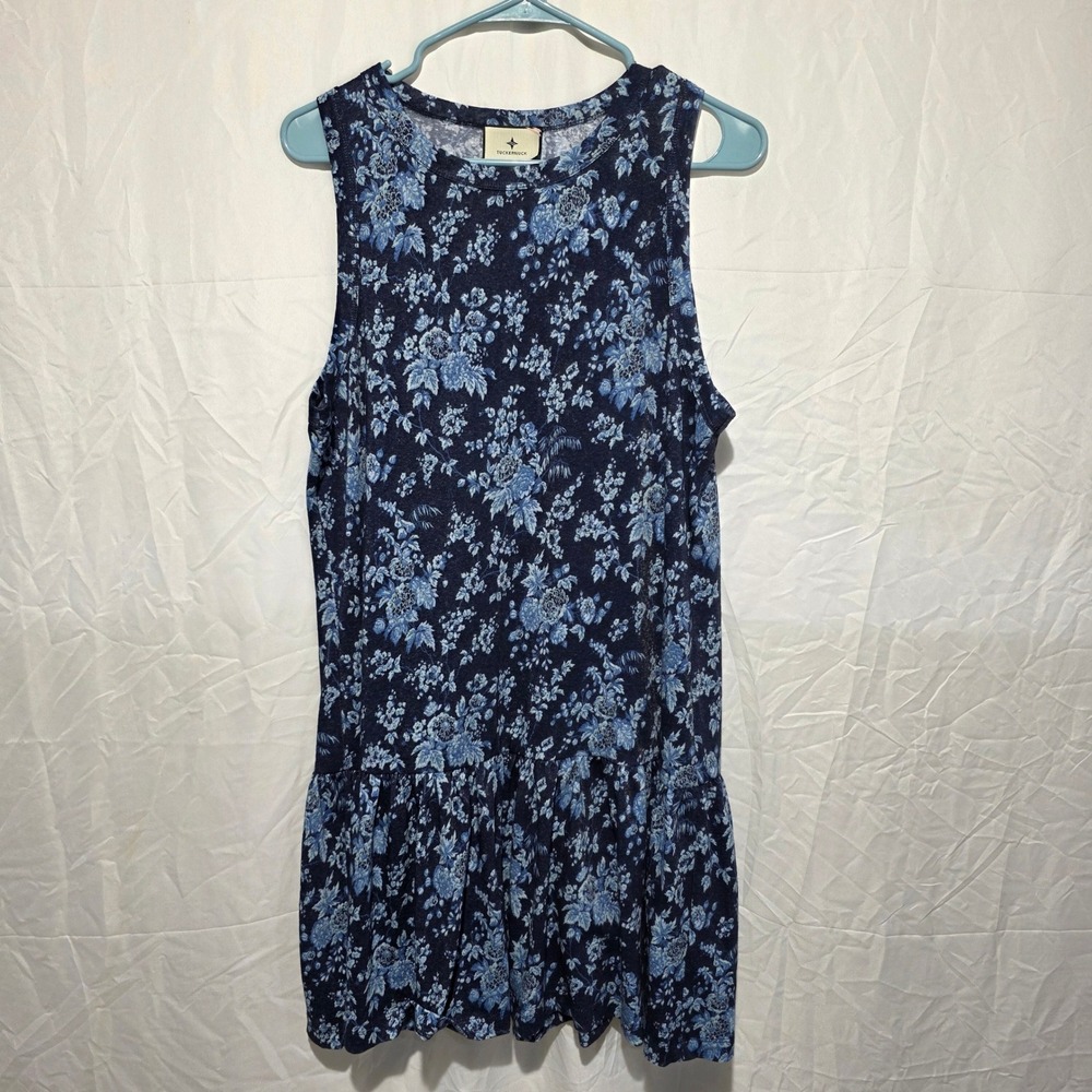 Tuckernuck Blue Floral Drop Waist Sleeveless Dress Large Cotton Linen Ruffle Hem